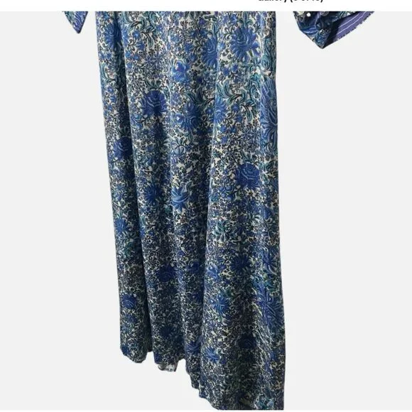 Sandro Dress Size 0 Blue Floral Wrap Midi 3/4-Sleeve Collar‎ Tie *READ FLAW* - Picture 6 of 10